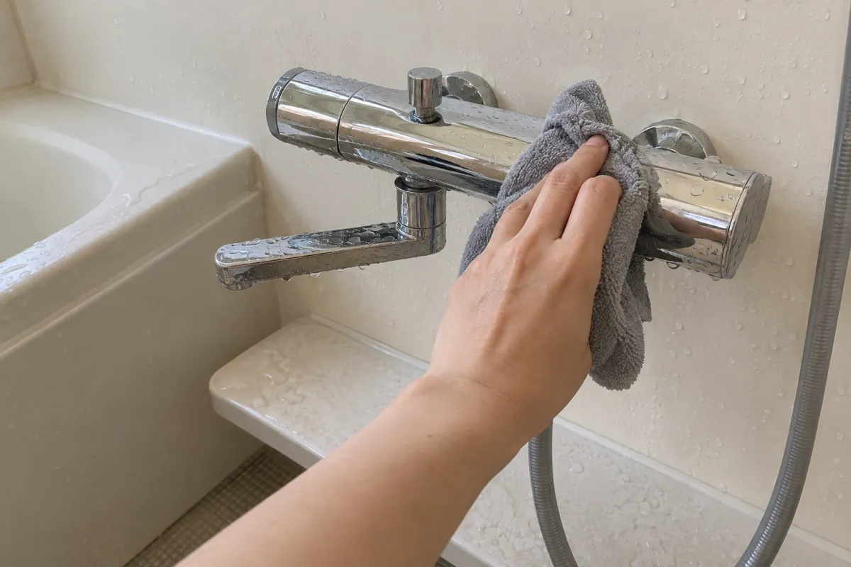 入浴後の浴室で、蛇口に残った水滴をやわらかい布でふき取っています。