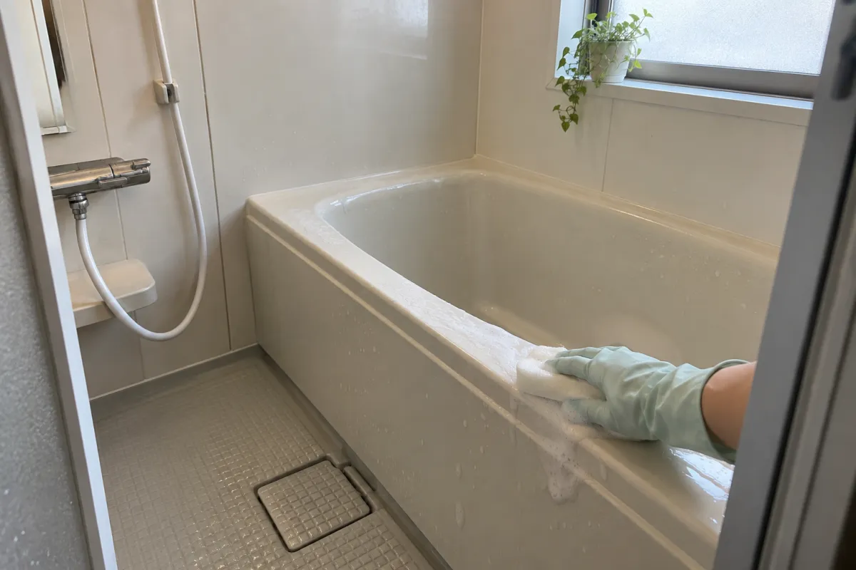 ゴム手袋をつけた手で、やわらかいスポンジを使って浴槽の縁を洗っています。