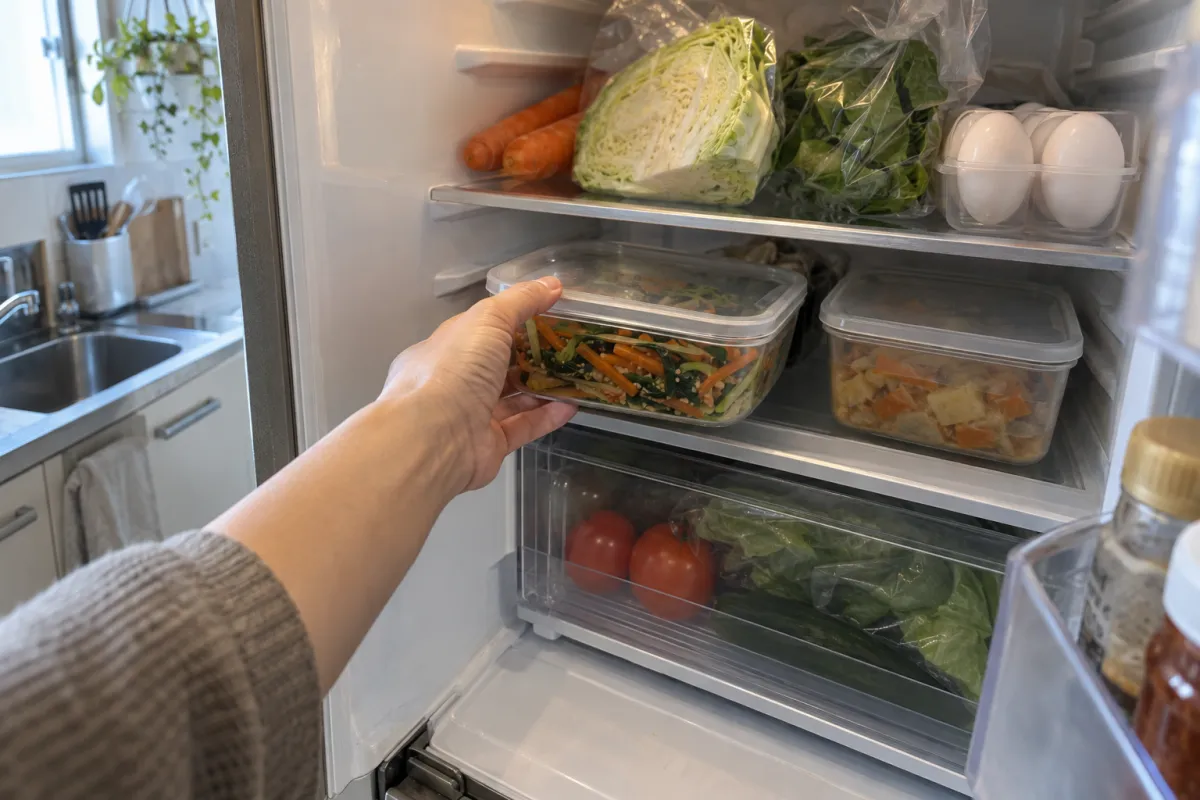 冷蔵庫に保存した野菜やおかずを確認し、透明な保存容器を手前に取り出しています。