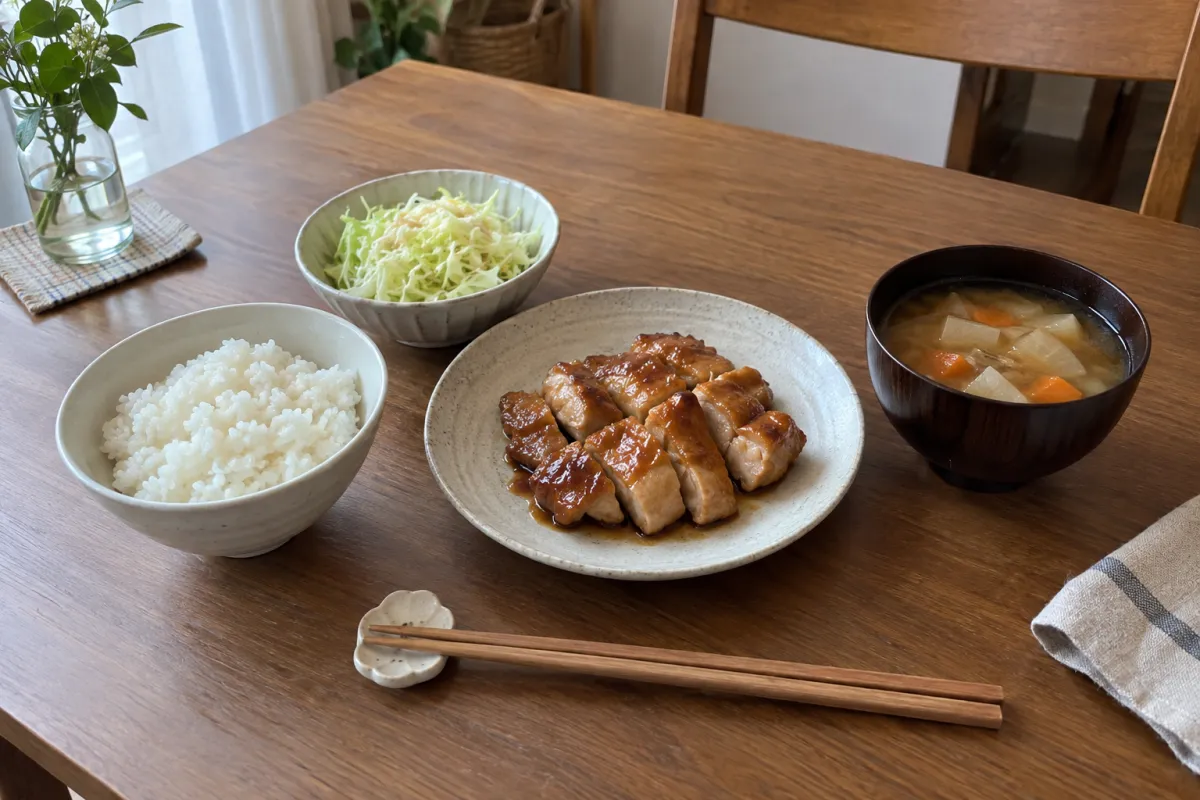 鶏肉の照り焼きにキャベツの副菜、大根とにんじんのみそ汁、ごはんを組み合わせた夕飯。